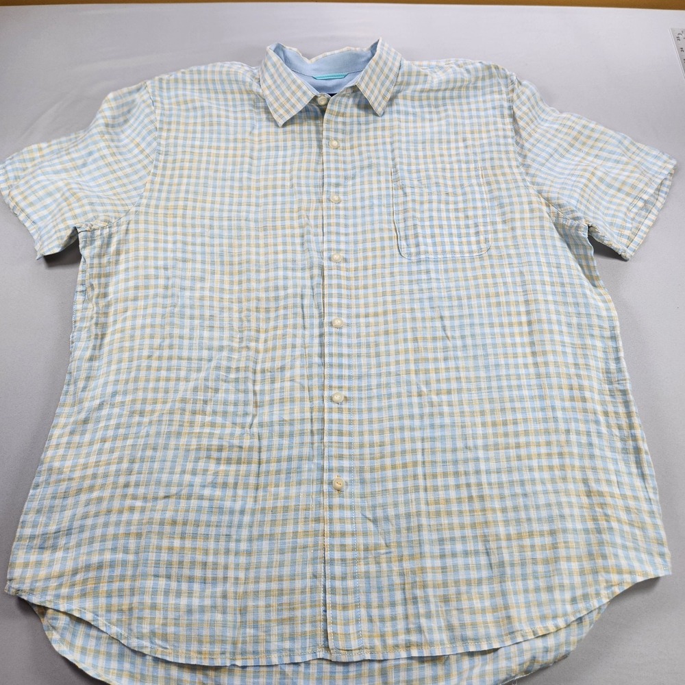 Tommy Bahama 100% Linen Short Sleeve Button Up Gingham Check Shirt Mens Size 2XL